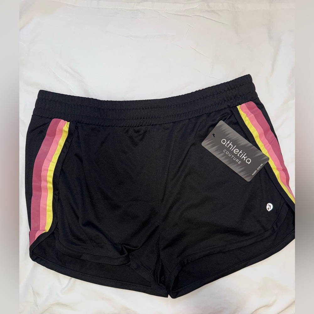 NWT ATHLETIka Women's Black Shorts with Pink and Yellow Stripes SIZE XL